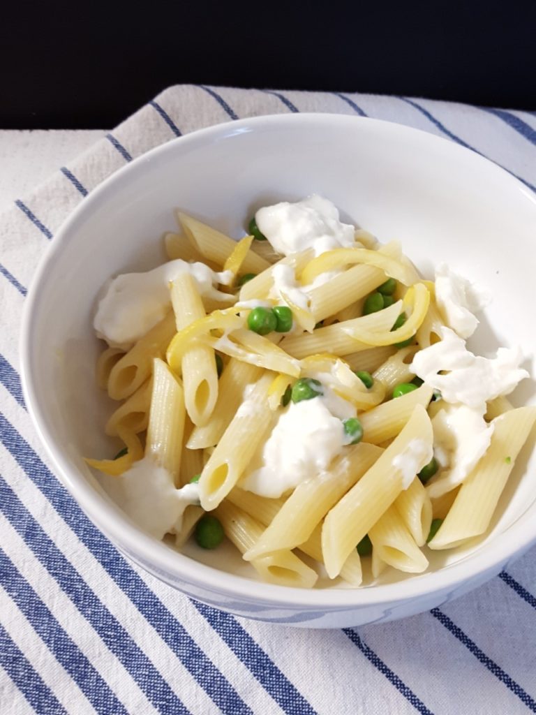 penne with burrata, peas, and preserved lemons
