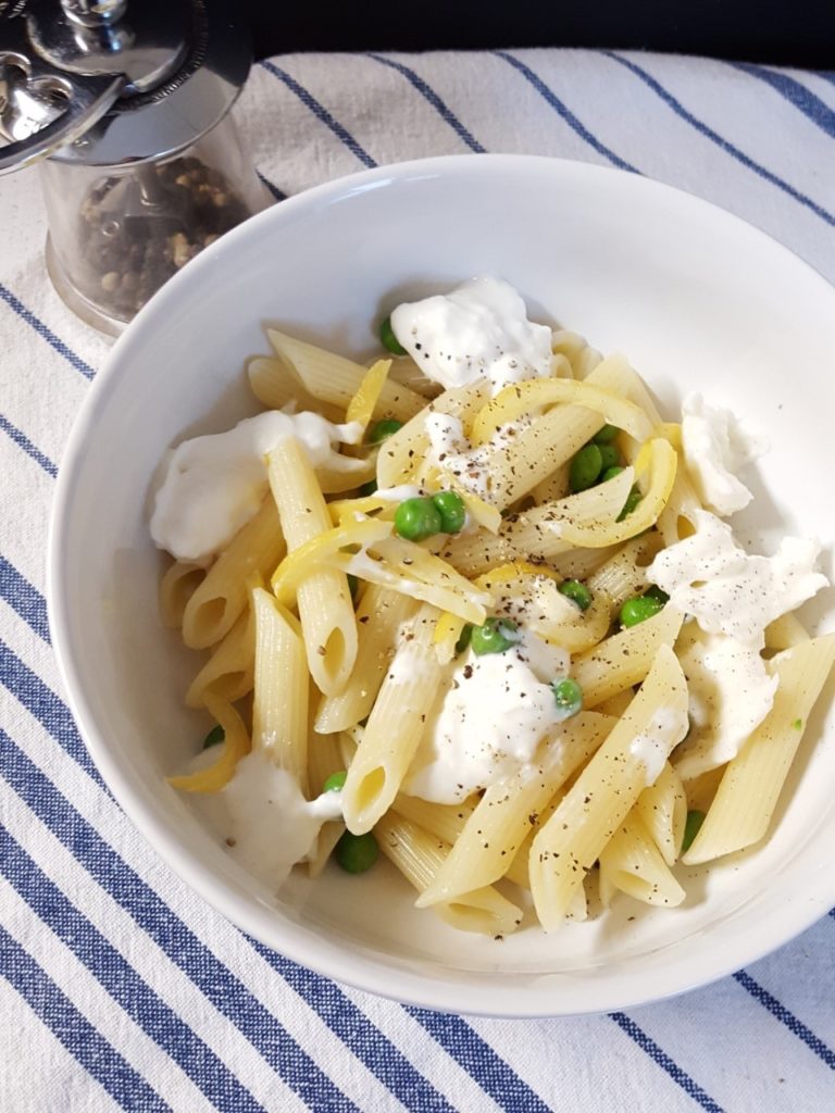 penne with burrata, peas, and preserved lemons