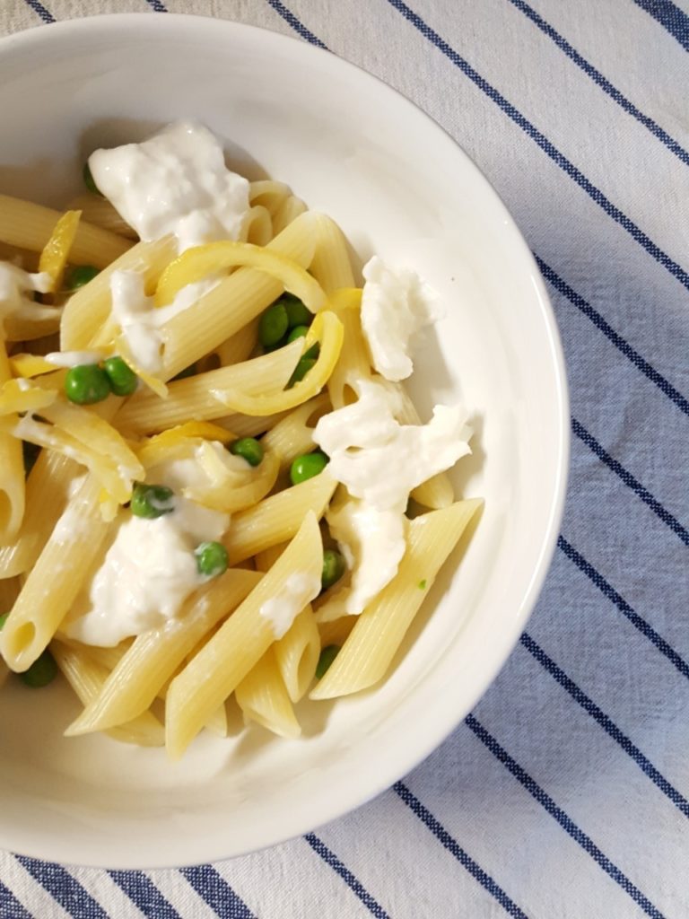 penne with burrata, peas, and preserved lemons