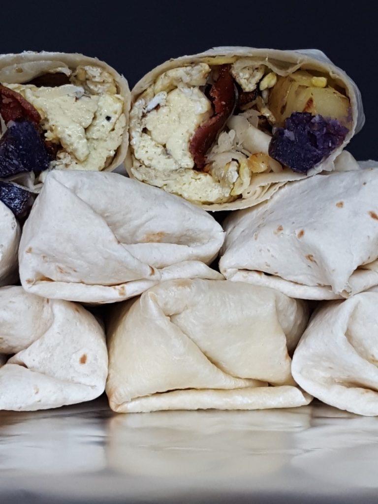 freezer egg, potato and bacon burritos