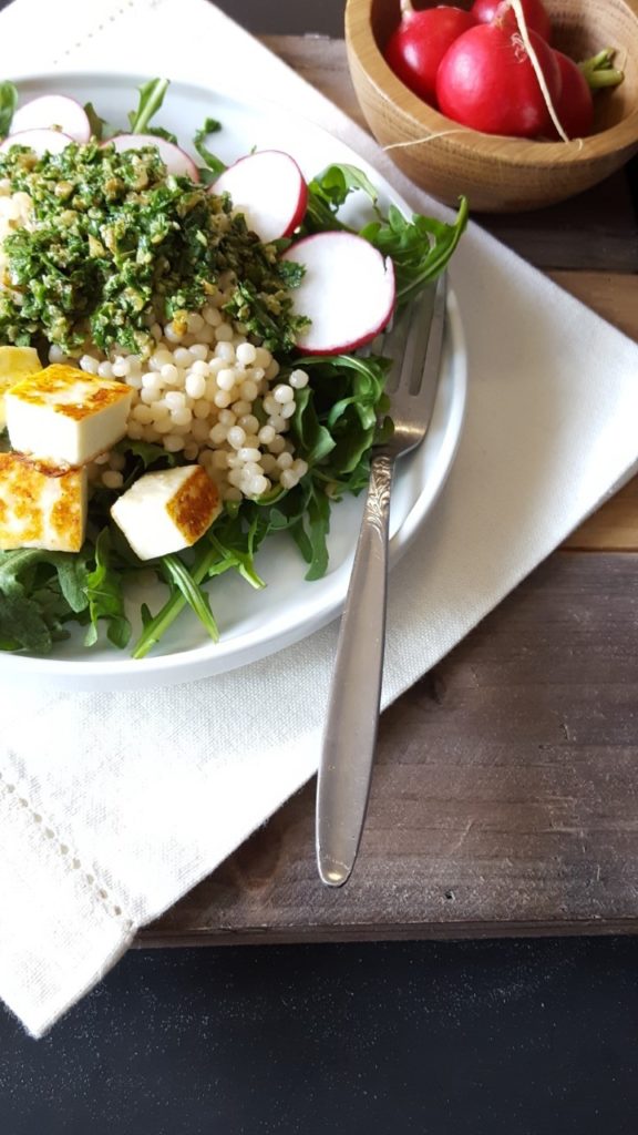 Israeli Couscous, Arugula Pesto Spring Salad