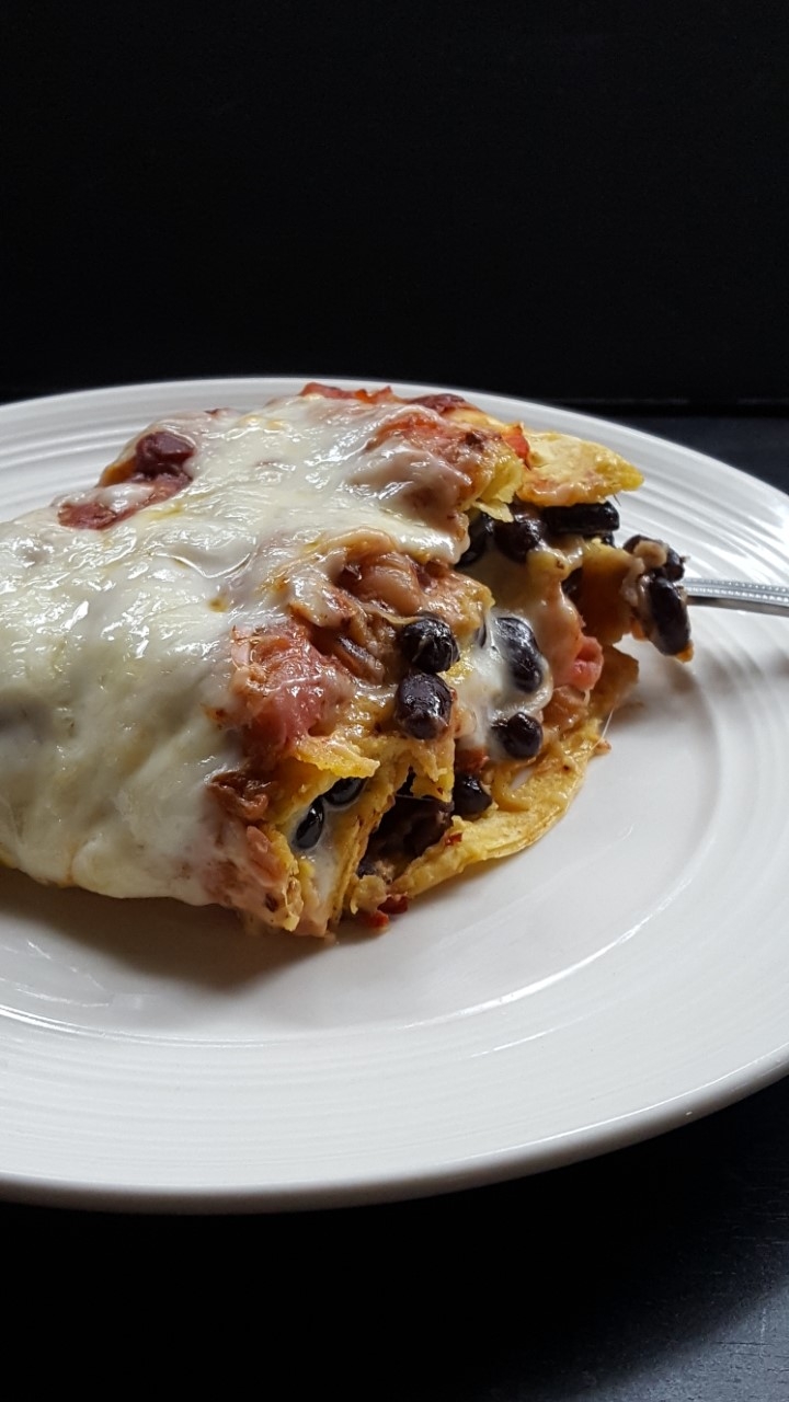 savory rhubarb strawberry black bean enchiladas